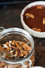 Chocolate souffle with walnuts and cocoa powder