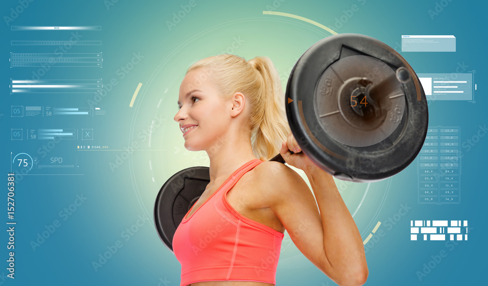 Poster sporty young woman flexing muscles with barbell