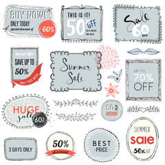 Obraz premium Summer sale signs, hand drawn frames, floral and design elements. Vector illustration.