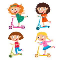 Cute vector concept illustration of girls on scooter having fun 