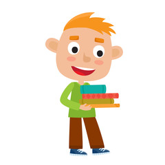 Color vector illustration of pretty boy stand with books.