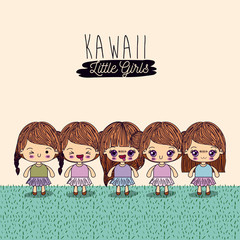 light yellow background set cute full body kawaii little girls vector illustration