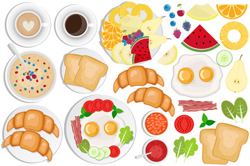 Breakfast set. Coffee, toasts, croissants, omellette, fruits, jam, oatmeal, beans, bacon, cappuccino, eggs.