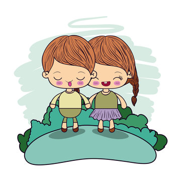 color picture couple kawaii girl braids hair with funny boy taken hands in forest vector illustration
