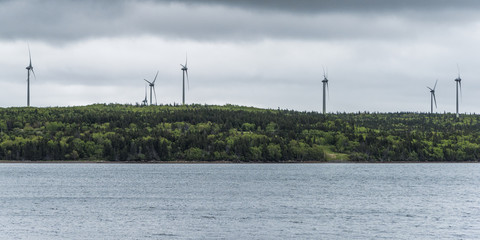 Wind turbines on a coastal shore, Nova Scotia, Canada