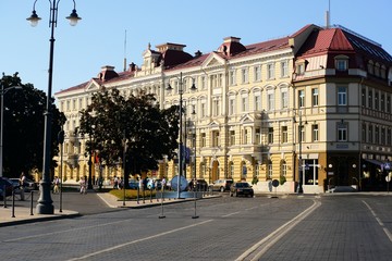 Fototapeta na wymiar Vilnius town center street and house on August 23, 2015