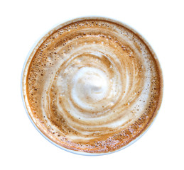 Top view of hot coffee latte cappuccino spiral foam isolated on white background, clipping path included