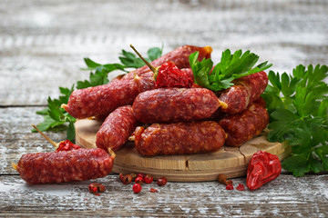 Salami sausages with red pepper