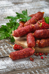 Salami sausages with red pepper