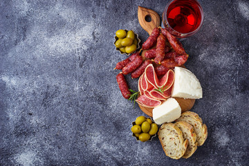 Selection of Italian appetizer. Wine snack set.