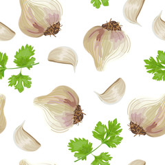 Fresh parsley and garlic. seamless pattern vector