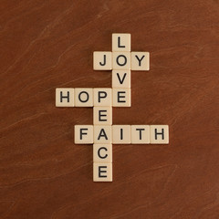 Crossword puzzle with words Faith, Hope, Love. Faith concept.