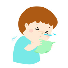 Little boy sneezing cartoon vector.