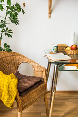 Living room interior woven rattan chair, cushions, knitted sweater, open book, tea cup, fruits in wicker basket, green potted plant, cozy atmosphere