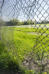 Person-sized hole cut into chain link fence enclosure around grassy yard