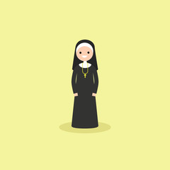 illustration of a Catholic christian nun wearing black and white uniform. Flat cartoon vector illustration.