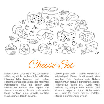 Vector banner template with different types of cheese, hand drawn illustration.