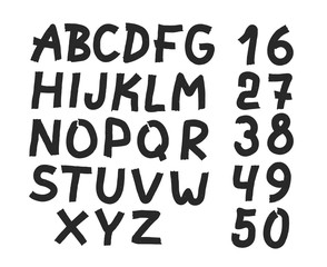 Hand drawn letters and numbers font. bold comic modern marker lettering. Grunge font, Sans serif. Vector design. Isolated on white background. alphabet written with ink, brush. calligraphy, black