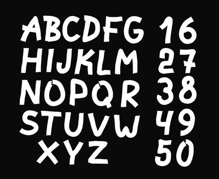 and drawn letters and numbers font. bold comic modern marker lettering. Grunge font, Sans serif. Vector design. Isolated on black background. alphabet written with ink, brush. calligraphy, black