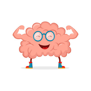 Strong happy healthy brain character. Vector flat cartoon illustration icon design. Isolated on white backgound