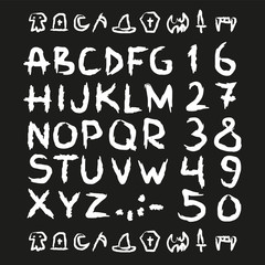 Spooky Hand drawn horror, scary letters and numbers font. marker. Grunge font, Sans serif. Vector design. Isolated on black background. alphabet written with ink, brush. calligraphy, lettering