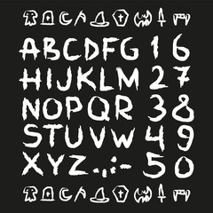 Spooky Hand drawn horror, scary letters and numbers font. marker. Grunge font, Sans serif. Vector design. Isolated on black background. alphabet written with ink, brush. calligraphy, lettering