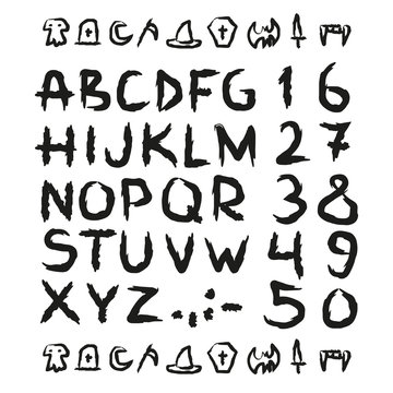 Spooky Hand drawn horror, scary letters and numbers font. marker. Grunge font, Sans serif. Vector design. Isolated on white background. alphabet written with ink, brush. calligraphy, lettering