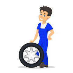 Vector illustration of a cartoon worker on the replacement of tires and wheels. Isolated white background. Auto mechanic in blue work clothes and with a wheel for the car. Service to replace tires.