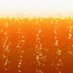 Close Up Light Beer With Foam And Bubbles. Vector Background. Fresh Beverage Beer Illustration