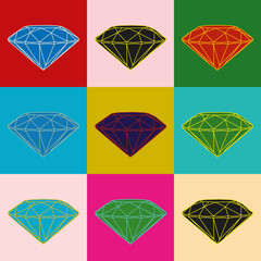 Nine colored diamonds on color background. Pop art image.