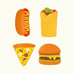 Hot dog, burrito, pizza, burger, cheeseburger. Flat vector cartoon isolated meal, delivery, cafe, fun illustration icon set. Isolated on white background. Fast food menu concept