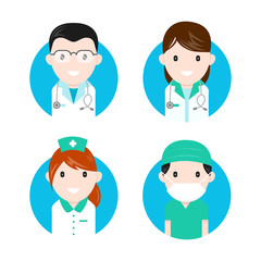 Medical personnel characters flat icon set. Vector illustration design. Isolated on white background. doctors, nurse. Medical, hospital team concept. Trendy flat style