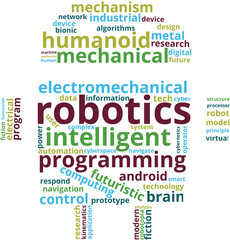 Robotics Word Cloud Text Illustration. Robot shaped Robotics related  tags isolated vector. Transparent. 