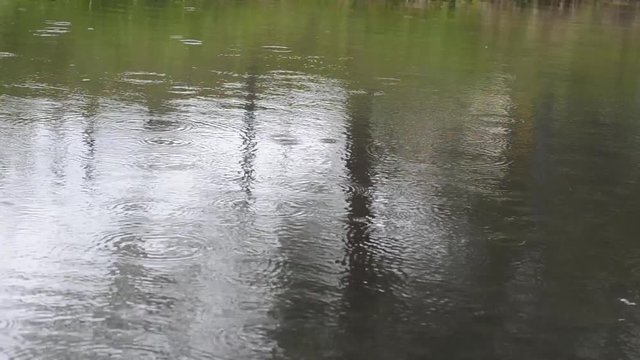 Regentropfen fallen in Fluss