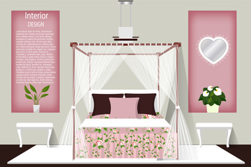 The interior of the bedroom. A four-poster bed. The design of the room. banner. Vector.