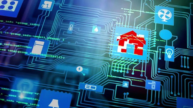 Smart home hacking concept. motherboard with smarthome icons and hacker code
