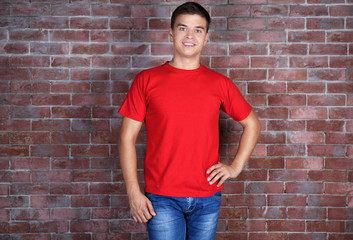 Obraz na płótnie Canvas Handsome young man in blank red t-shirt standing against brick wall