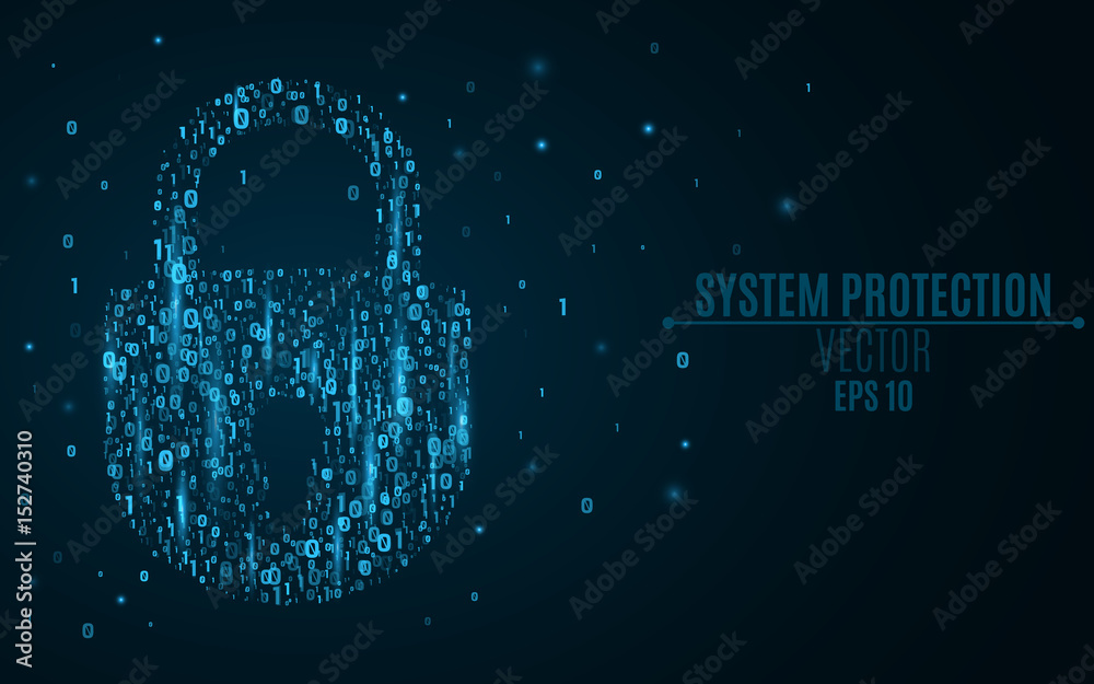Poster a glowing blue lock from the binary code. high technology in design. the system is under reliable pr