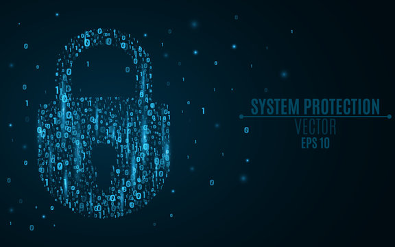 A glowing blue lock from the binary code. High technology in design. The system is under reliable protection. Vector illustration