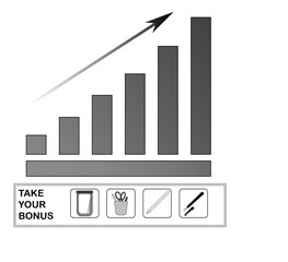 A digital diagram demonstrating the growth of business performance. Growth is emphasized by an upward arrow. The diagram is executed in a restrained color scheme. As a gift you get a set of four icons