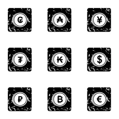 Money of countries icons set, grunge style