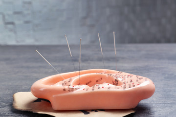 Acupuncture needles in model of ear on grey table