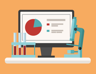 Vector illustration of Chemical laboratory research. Tubes, microscope and computer in flat design style