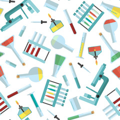 Vector illustration seamless pattern background of Chemical laboratory research set. Tubes, microscope in flat design style