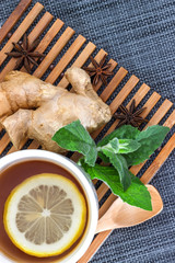 Tea with lemon mint leaves and ginger root