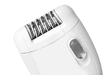 Modern epilator on white background, closeup