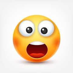 Smiley,surprised emoticon. Yellow face with emotions. Facial expression. 3d realistic emoji. Funny cartoon character.Mood. Web icon. Vector illustration.