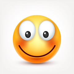 Smiley,smiling happy emoticon. Yellow face with emotions. Facial expression. 3d realistic emoji. Funny cartoon character.Mood. Web icon. Vector illustration.