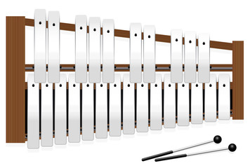 Metallophone with metal bars - top view - three octaves in c major with fifteen whole tones and ten halftones - plus two percussion mallets - illustrated vector illustration on white background.