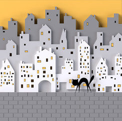 Panele Szklane  3d render miasta z chodzącym zabłąkanym czarnym kotem